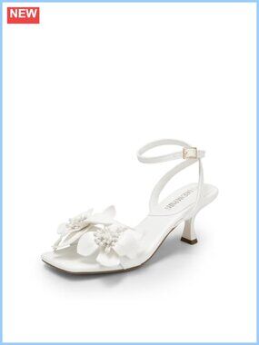 Women's Kitten Heel Sandals Faux Leather Flower Ankle Strap Square Toe